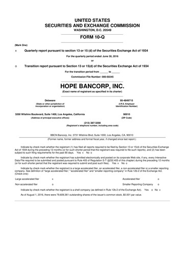 Thumbnail Hope Bancorp 10-Q Quarterly Report FY2016 