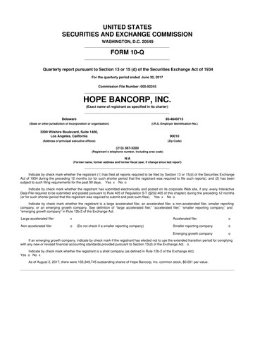 Thumbnail Hope Bancorp 10-Q Quarterly Report FY2017 