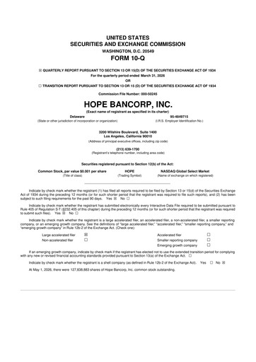Thumbnail Hope Bancorp 10-Q Quarterly Report FY 
