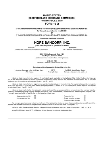 Miniature Hope Bancorp 10-Q Rapport trimestriel 2026 
