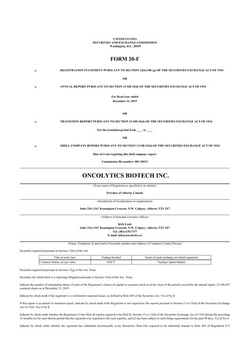 Thumbnail Oncolytics Biotech
 20-F Annual Report 2019