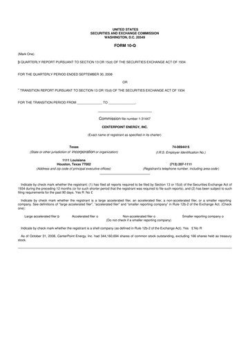 Thumbnail CenterPoint Energy
 10-Q Quarterly Report FY 