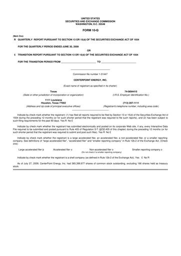 Thumbnail CenterPoint Energy
 10-Q Quarterly Report FY 