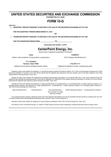 Thumbnail CenterPoint Energy
 10-Q Quarterly Report FY2018 