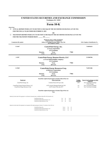 Thumbnail CenterPoint Energy
 10-K Annual Report 2022