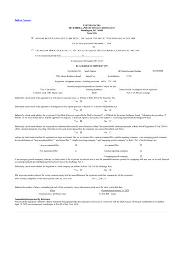 Thumbnail Black Hills 10-K Annual Report 2019