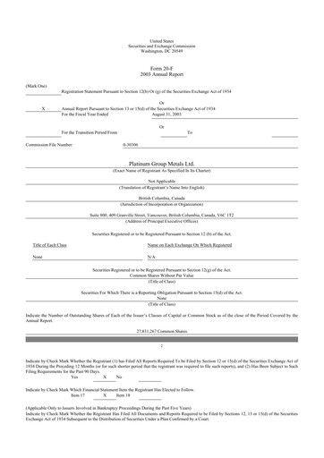 Thumbnail Platinum Group Metals
 20-F Annual Report 