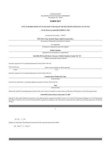 Thumbnail MAG Silver 20-F Annual Report 