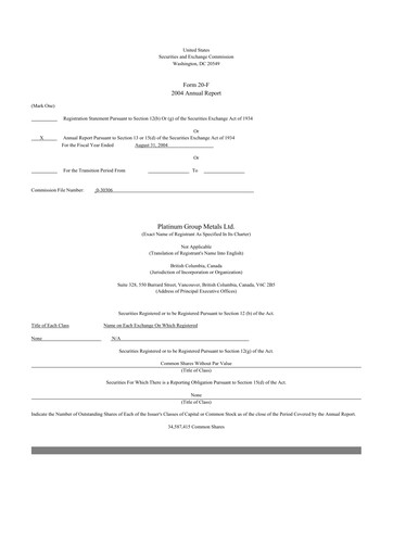 Thumbnail Platinum Group Metals
 20-F Annual Report 