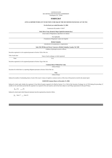 Thumbnail MAG Silver 20-F Annual Report 