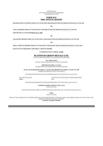 Thumbnail Platinum Group Metals
 20-F Annual Report 