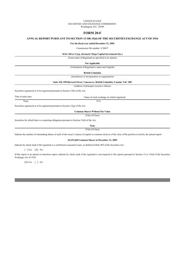 Thumbnail MAG Silver 20-F Annual Report 