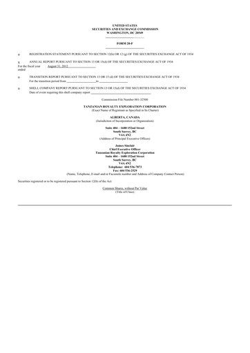 Thumbnail Tanzanian Gold Corporation 20-F Annual Report 