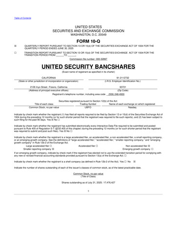 Thumbnail United Security Bancshares 10-Q Quarterly Report FY2025 