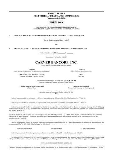Thumbnail Carver Bancorp 10-K Annual Report 