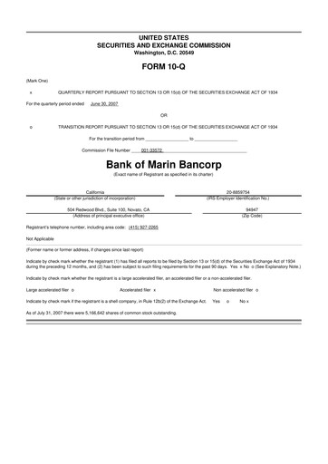 Thumbnail Bank of Marin Bancorp
 10-Q Quarterly Report FY 