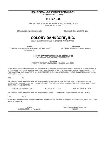 Thumbnail Colony Bankcorp 10-Q Quarterly Report FY 