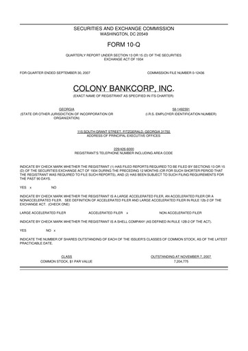 Thumbnail Colony Bankcorp 10-Q Quarterly Report FY 