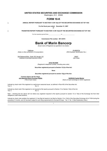 Thumbnail Bank of Marin Bancorp
 10-K Annual Report 