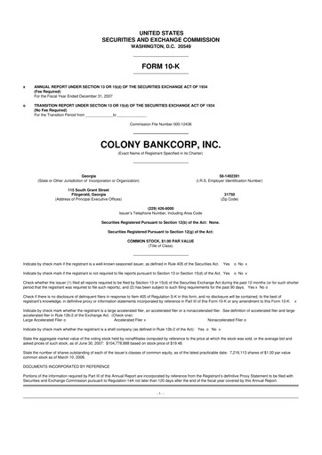 Thumbnail Colony Bankcorp 10-K Annual Report 