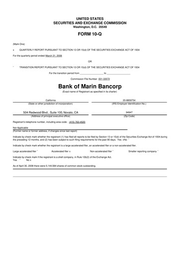 Thumbnail Bank of Marin Bancorp
 10-Q Quarterly Report FY 