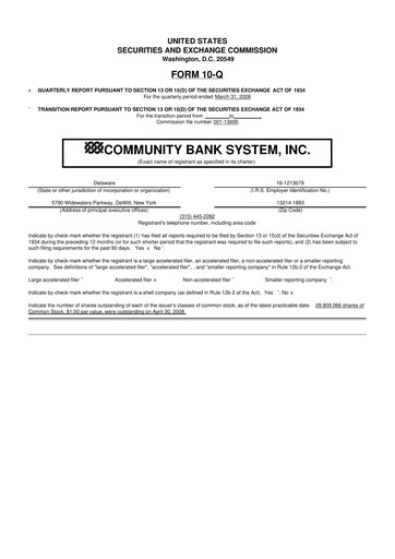 Thumbnail Community Financial System 10-Q Quarterly Report FY 