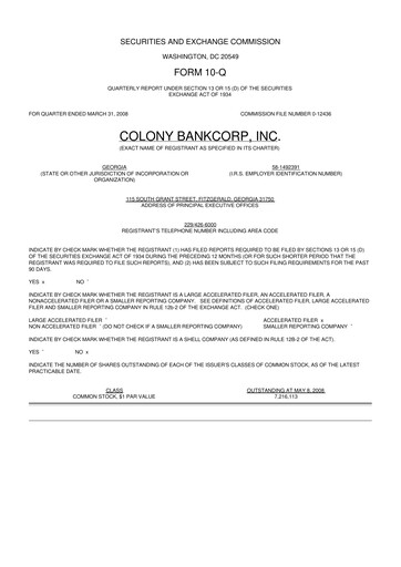 Thumbnail Colony Bankcorp 10-Q Quarterly Report FY 