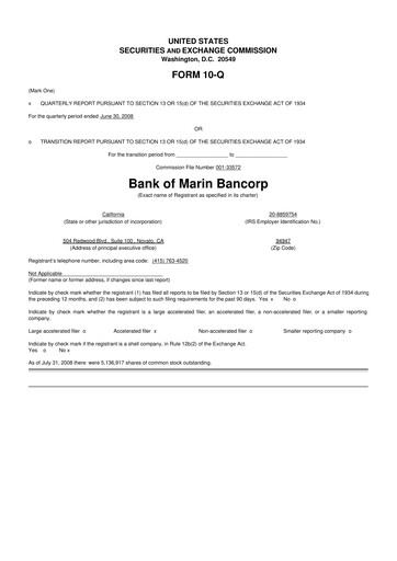 Thumbnail Bank of Marin Bancorp
 10-Q Quarterly Report FY 