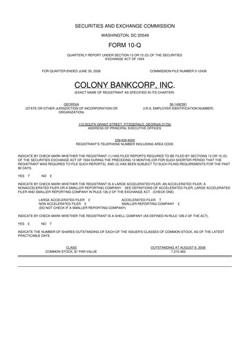 Thumbnail Colony Bankcorp 10-Q Quarterly Report FY 