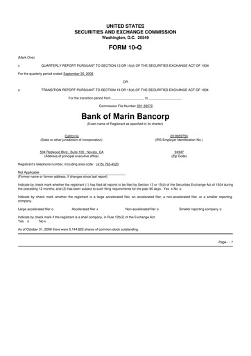 Thumbnail Bank of Marin Bancorp
 10-Q Quarterly Report FY 