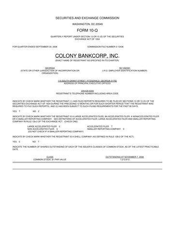 Thumbnail Colony Bankcorp 10-Q Quarterly Report FY 