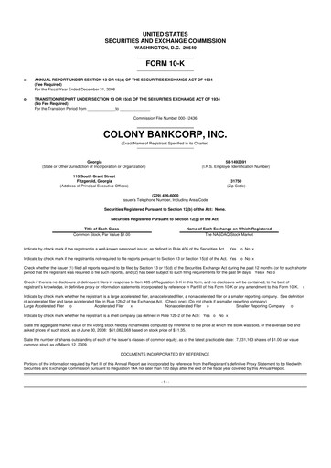 Thumbnail Colony Bankcorp 10-K Annual Report 