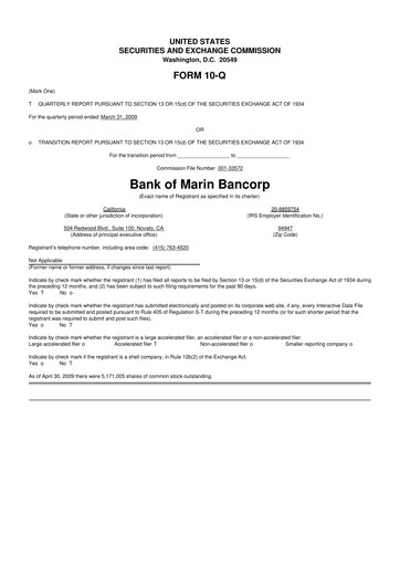 Thumbnail Bank of Marin Bancorp
 10-Q Quarterly Report FY 