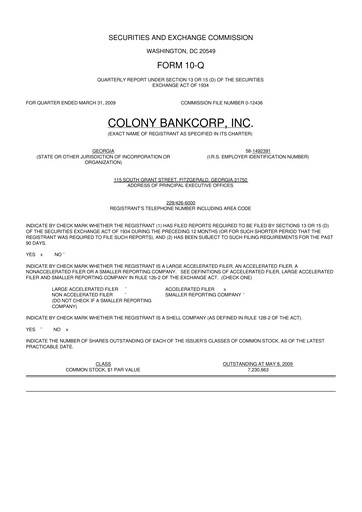 Thumbnail Colony Bankcorp 10-Q Quarterly Report FY 