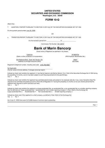 Thumbnail Bank of Marin Bancorp
 10-Q Quarterly Report FY 