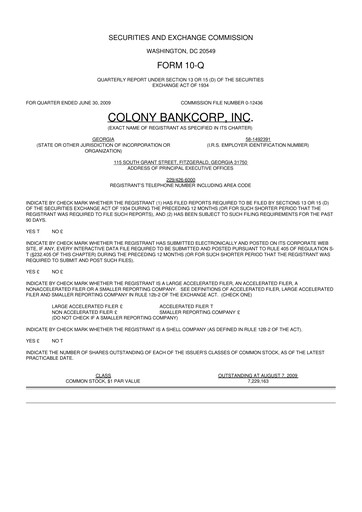 Thumbnail Colony Bankcorp 10-Q Quarterly Report FY 