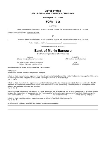 Thumbnail Bank of Marin Bancorp
 10-Q Quarterly Report FY 