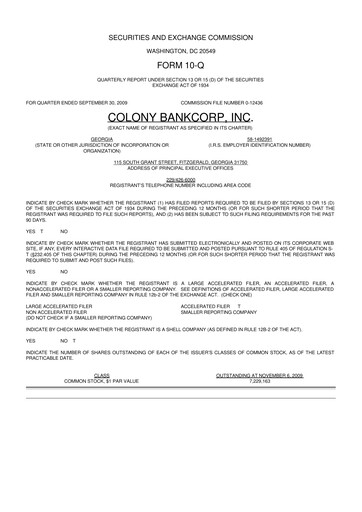 Thumbnail Colony Bankcorp 10-Q Quarterly Report FY 