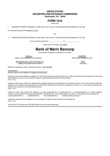 Thumbnail Bank of Marin Bancorp
 10-Q Quarterly Report FY 