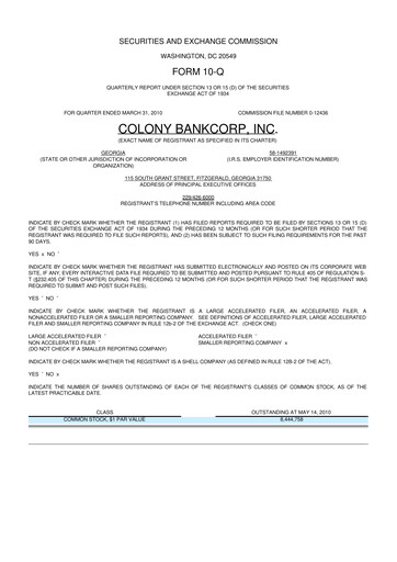 Thumbnail Colony Bankcorp 10-Q Quarterly Report FY 