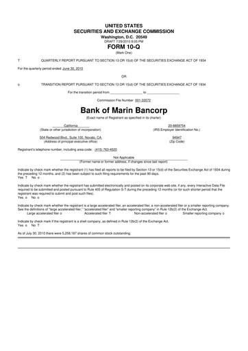 Thumbnail Bank of Marin Bancorp
 10-Q Quarterly Report FY 