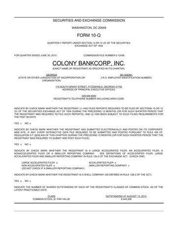 Thumbnail Colony Bankcorp 10-Q Quarterly Report FY 