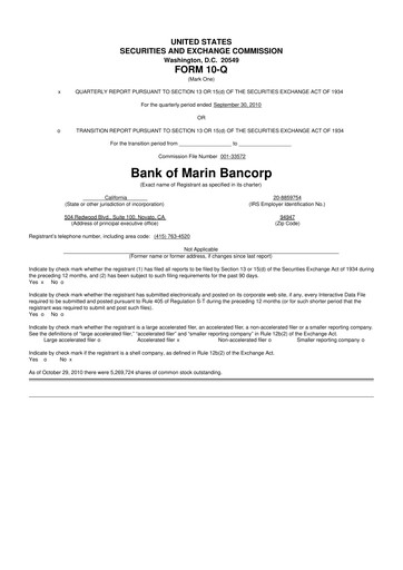 Thumbnail Bank of Marin Bancorp
 10-Q Quarterly Report FY 