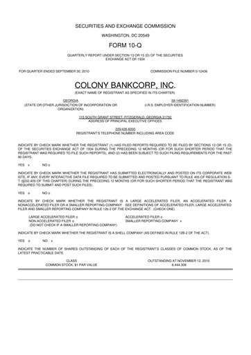 Thumbnail Colony Bankcorp 10-Q Quarterly Report FY 