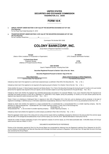 Thumbnail Colony Bankcorp 10-K Annual Report 