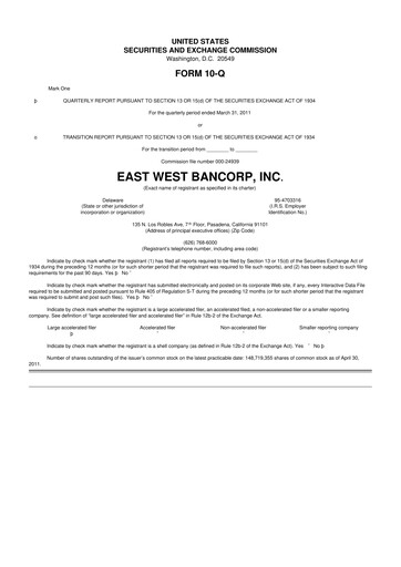 Thumbnail East West Bancorp
 10-Q Quarterly Report FY2011 