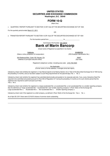 Thumbnail Bank of Marin Bancorp
 10-Q Quarterly Report FY 