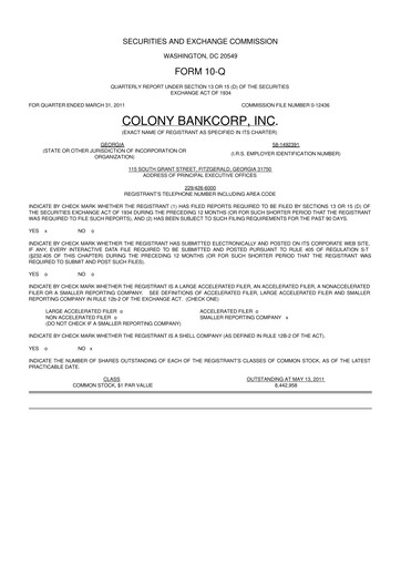 Thumbnail Colony Bankcorp 10-Q Quarterly Report FY 
