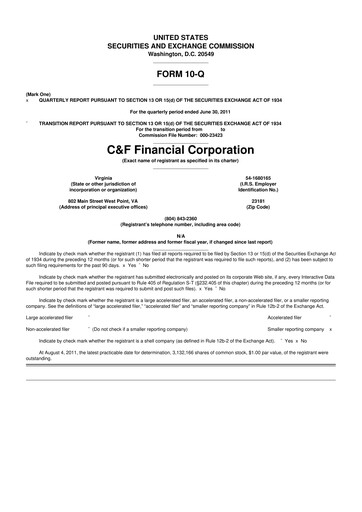 Thumbnail C&F Financial Corporation

 10-Q Quarterly Report FY 