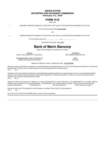 Thumbnail Bank of Marin Bancorp
 10-Q Quarterly Report FY2011 